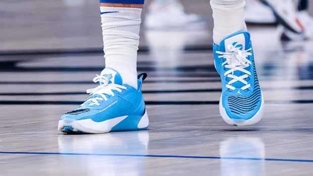 Blue and white Jordan Luka 1 shoes.